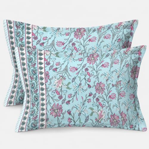Image of ElanorHomes 180 TC Pure Cotton Pillow Covers Set of 2, Bedroom Pillows with Zip Closure, Soft Smooth Cool Breathable Pillowcases for Home (27x18 inch) (Aqua Glow)