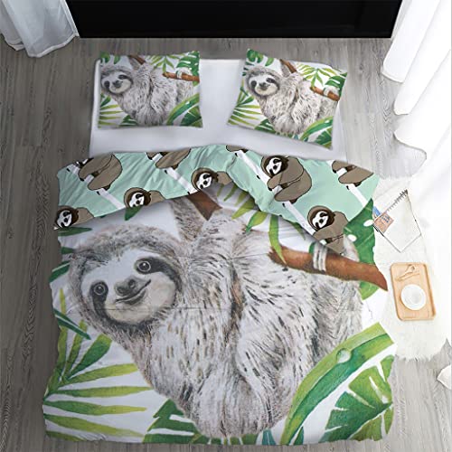 Housse de Couette 200x200 Paresseux - Parure de Lit Feuillage Tropical en Microfibre, Housse de Couette 2 Personnes Imprimée avec Fermeture Éclair et 2 Taies d'oreiller 65x65 cm Cover