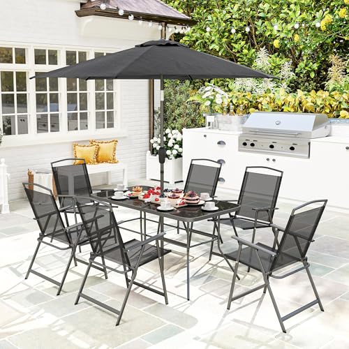 Outsunny 8 Piece Patio Dining Set with Table Umbrella, 6 Folding Chairs and Rectangle Dining Table, Outdoor Patio Furniture Set, Black - Image 3