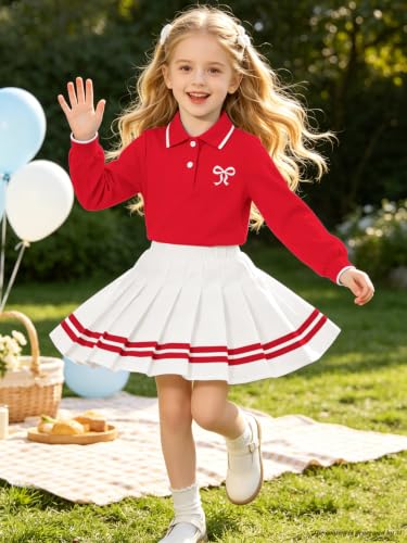 Image of Betusline Girls Long Sleeve Polo Skirt Set Kids Preppy Uniform Outfit,4-14Y