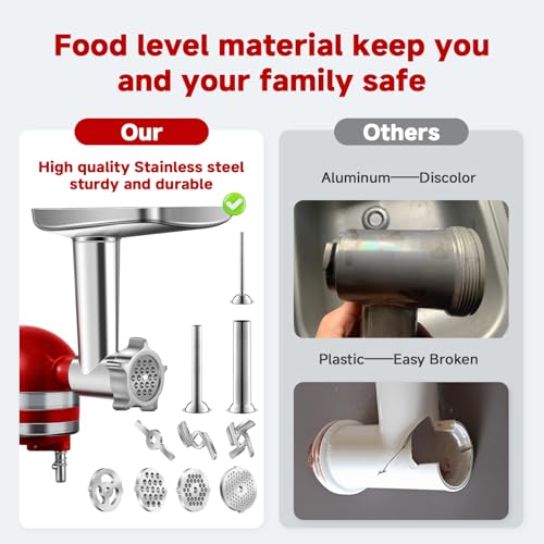Image of Meat Grinder Attachment for Kitchen Aid Stand Mixer, Food Attachment Included 4 Grinding Plates, 3 Sausage Stuffer Tubes & Holder, 2 Grinding Blades, Burger Press, Dishwasher Safe, 304 Stainless Steel