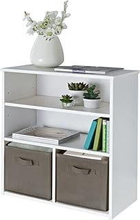 spot on dealz® Wooden Storage 2 Shelves 2 Cube Storage Basket Shelving Unit Bookcase Home Office Use Display Furniture Living Room Décor Easy to Build (White)