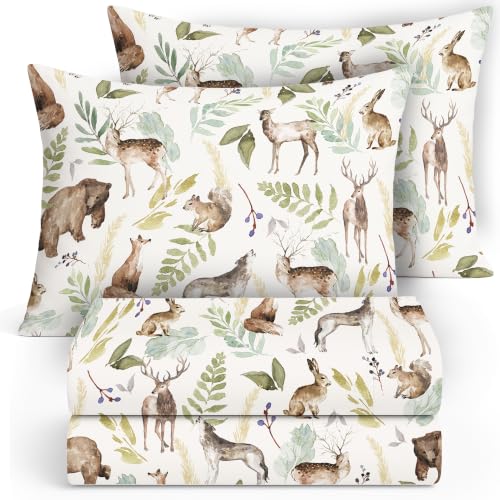 Image of Pobibaby Premium Twin Full Sheets Sets, Kids Double Bed Sheets in Cotton Blend | Ultra-Soft Woodland Camping Print with Fitted Sheet, Flat Sheet & Pillowcases (Full Wildlife Animal)