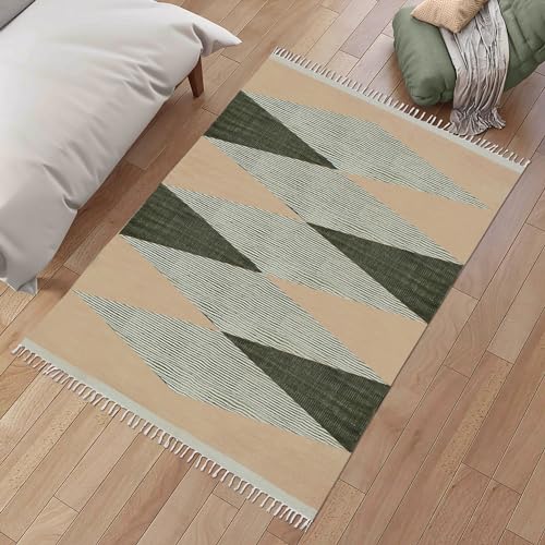 Tapis couloir géométrique coton lavable supprime saleté sol beige vert - 3