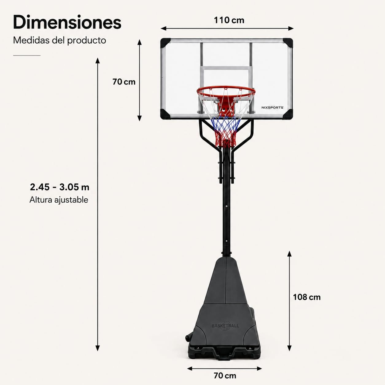 Canasta de Baloncesto portátil Regulable con Ruedas – Base rellenable, aro metálico con Red Tricolor – Uso jardín y Exterior