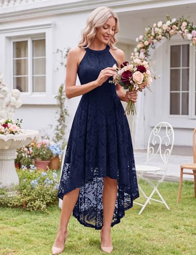 Image of Dressystar Women Halter Lace Wedding Guest Dress Hi-Lo Cocktail Party Bridesmaid Formal Dresses