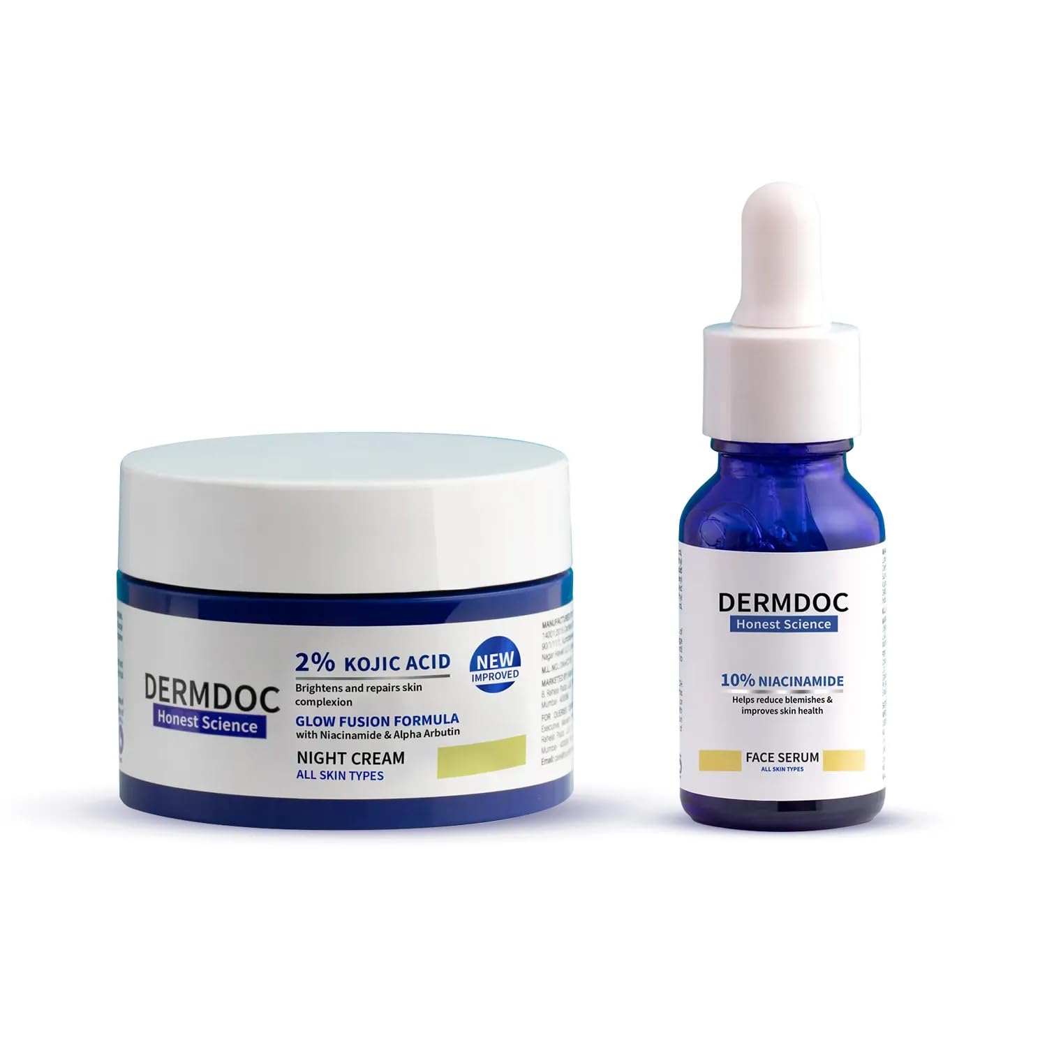 DermDoc Glowlixir Set of 2-10% Niacinamide Face Serum (15ml) & 2% Kojic Acid Night Cream with Niacinamide & Alpha Arbutin (25 g) | Skin Brightening Combo