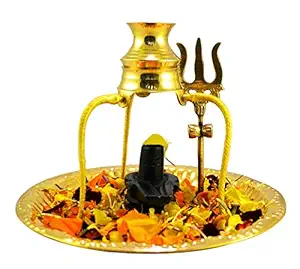 Badrikedar Black Marble Stone Shivaling Brass Stand and Abhishek Kalash with Swastik Symbol on Brass Plate for Lord Temple Pooja