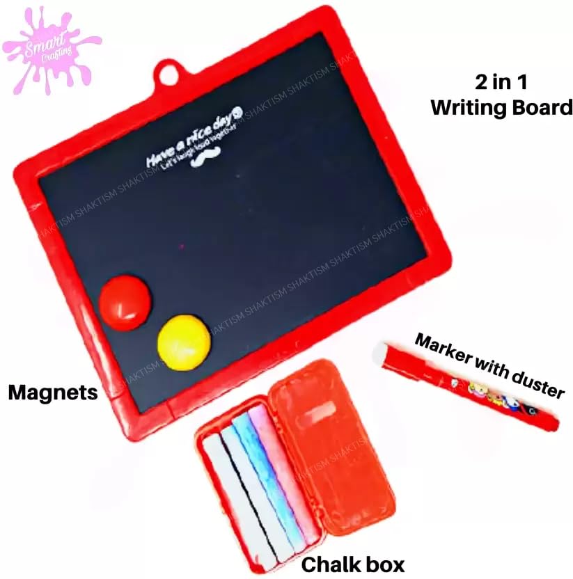 SHAKTISM Plastic White and Black Two in One Slate with Chalk, Marker, Eraser, for Kids Creative Learning Board for Toddlers, 2-Sided, with Markers & Magnet Random Colour Dispatch - (2in1Sate-1pc) 3