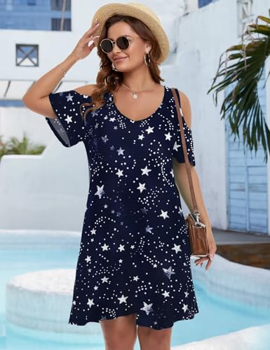 Image of JollieLovin Womens Plus Size Short Sleeve Cold Shoulder V Neck T-Shirt Dress with Pockets