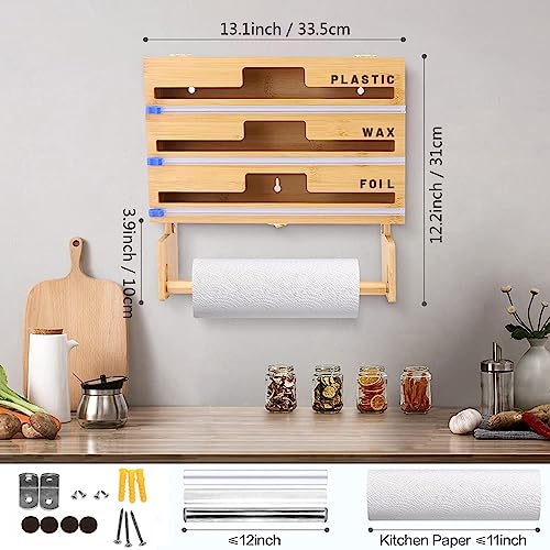 Dozownik folii z tworzywa sztucznego z obcinaczem – folia 4 w 1 i organizer do owijania z tworzywa sztucznego z uchwytem na ręczniki papierowe, bambusowe rozwiązanie do przechowywania w kuchni na