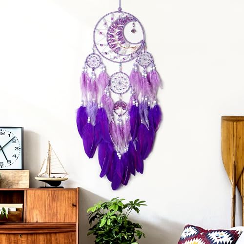 Large Dream Catchers, Handmade Woven Moon Healing Crystal Stone Dream Catcher Wall Hanging Ornament for Bedroom Living Room Wedding Party Decor, Festival Blessing Craft Gift (Purple Moon) - Image 3