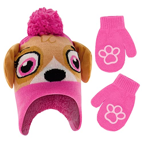 Image of Nickelodeon Girls Winter Hat and Mittens Set, Paw Patrol's Marshall, Chase and Skye Toddler Beanie for Ages 2-4