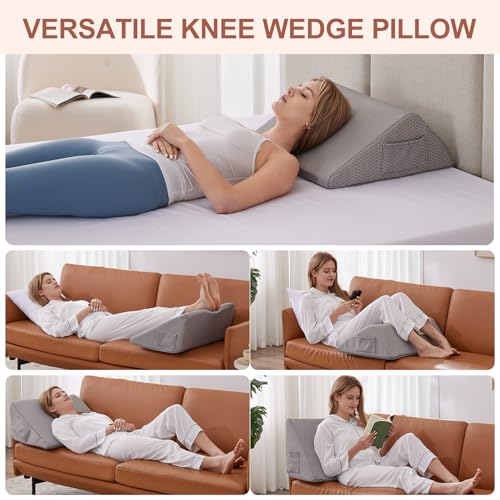 Knee Wedge Pillow, Memory Foam Leg Pillow Bed Wedge for Sleeping, Post Surgery Triangle Pillow for Knee Support, Leg Elevation, Hip Back Pain Relief (23.6" x 23" x 7.9", Large Size, Grey)