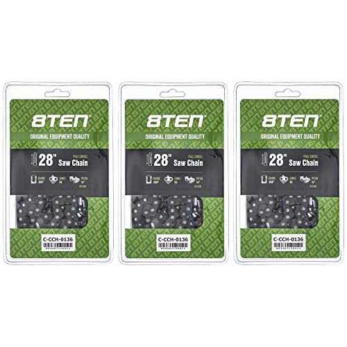8TEN Full Chisel Chainsaw Chain 28 Inch .058 3/8 93DL For Husqvarna 262XP Poulan 475 Jonsered 2065 (3 Pack)