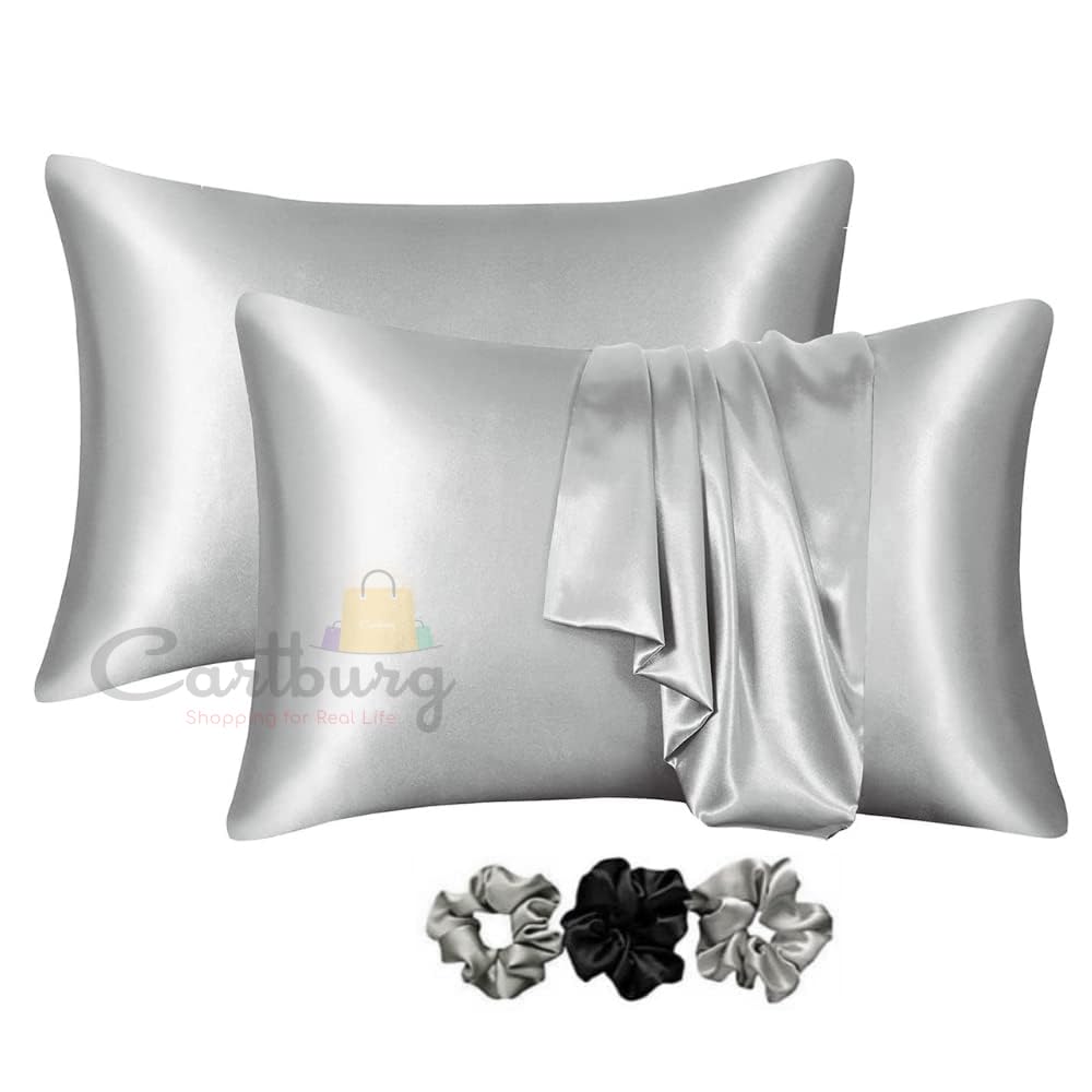 CARTBURG |Set of 2| Satin Silk Pillowcase for Hair and Skin Health, Silk Pillow Cases Queen Size for Beauty Cool Sleep [Scrunchy Gift Set of 3] (Envelope Closure) (Silver Gray)