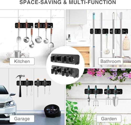 Image of Enclave Stainless Steel Mop and Broom Holder Wall Mounted Adhesive Storage Solutions for Broom mop etc, Garage Storage Systems Broom Organizer. (2 RACK 1 HOOK /BLACK, PACK OF 1)