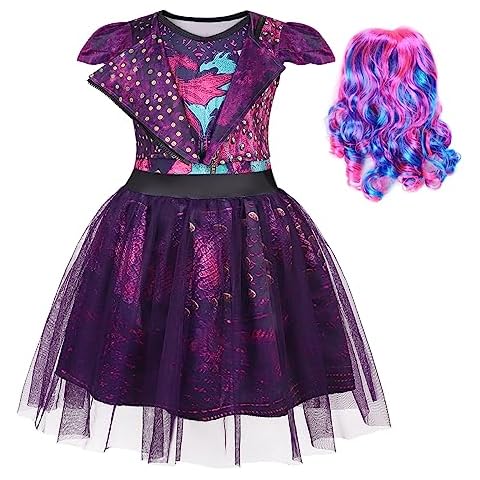 WonderBabe Mal Costume for Girls Descendants Kids Birthday Party Supplies Outfits Popular Musical Cosplay Halloween Tulle Mesh Dress with Wig size 7 8t Cover