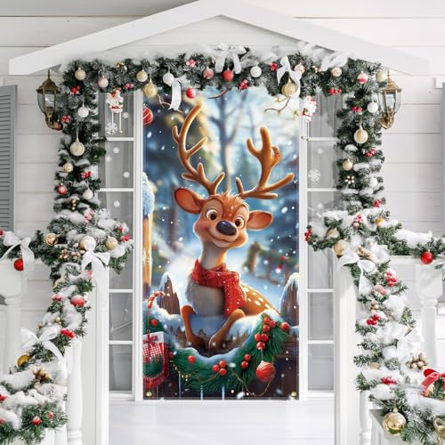 SULOLI 180 * 90cm Couverture de Porte de Noël Bannière Porte Noël pour Noel Décoration Suspendue Extérieure Intérieur (l’élan)