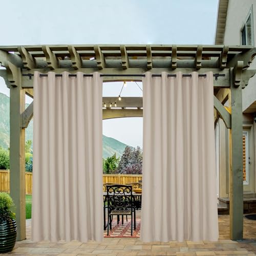 Macochico Outdoor Patio Curtains Waterproof 52" W x 102" L, Linen Textured Curtain Panel for Gazebo/Pavilion/Porch/Yard/Cabin, Privacy Drapery Panels Sun Blocking Drapes (Taupe, 1 Panel)