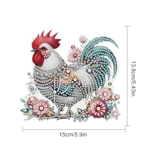 Image of 5D DIY Diamond Painting Pendant Kit - Rooster with Floral Design, Handmade Acrylic Diamond Art Hanging Ornament for Wall Window Home Decoration and Gift