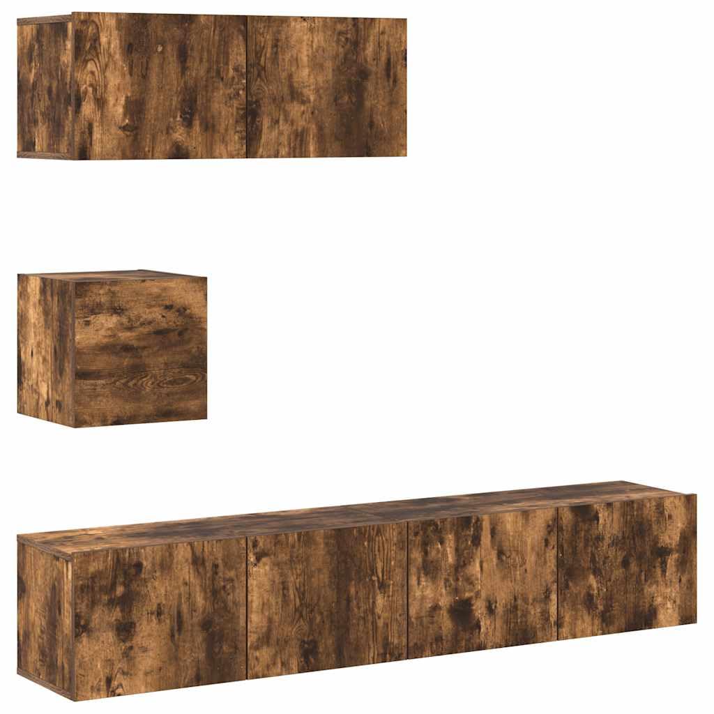 4-TLG. TV-Schrank-Set Räuchereiche Holzwerkstoff, Modernes Media-Center für Wohnzimmer, Wandmontage, Viel Stauraum, Langlebig