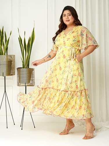 Image of Miss Chase A+ Women's Bohemian V-Neck Flutter Sleeve Chiffon Relaxed Fit Wrap Maxi Dress