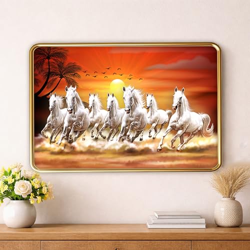 Image of XOPY Seven Running Horses with Golden Frame | Vastu 7 horses Raw Pyrite Painting for Home, Office & Living Room Wall Decore | 12X18 Inch Sparkle Laminated Frame | Best For Gifting (3060, 12X18)
