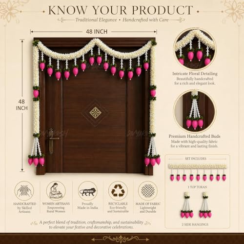 Image of Divyakosh Artificial Flower Door Toran Set, Bandarwal with Lotus Hangings (48 Inch) | Main Door Hanging Decor for Diwali, Wedding, Pooja | Indian Festive Home Entrance Decoration White Pink |