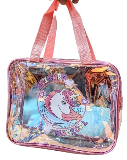 Holographic Clear HandBags for Girls Kids,See Through Waterproof PVC Transparent Tote Bag with Unicorn Mermaid Cartoon (Sky Blue)