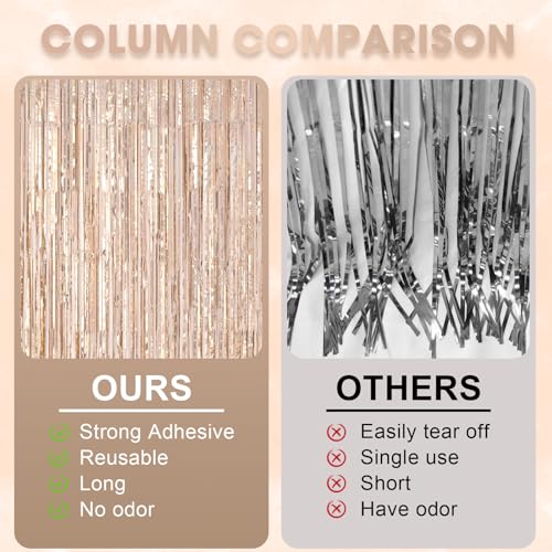 Image of Voircoloria 2 Pack Laser Champagne Foil Fringe Backdrop Curtains, Tinsel Streamers Birthday Party Bachelorette Backdrop Decorations for Valentine, Baby Shower, Wedding, Disco Party