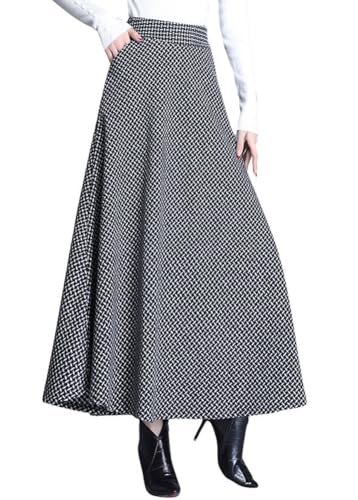 chouyatou Women's Fall Winter Plaid Wool Skirt Pleated Elastic Waist A-Line Swing Maxi Long Skater Skirts