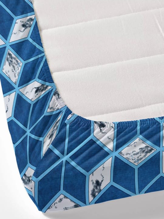 Image of 350 TC Premium Heavy Cotton Feel Elastic Fitted Bedsheet King Size with 2 Pillow Covers || Double Bed with All Around Elastic (Blue Geometric, Fitted - Double72x72)
