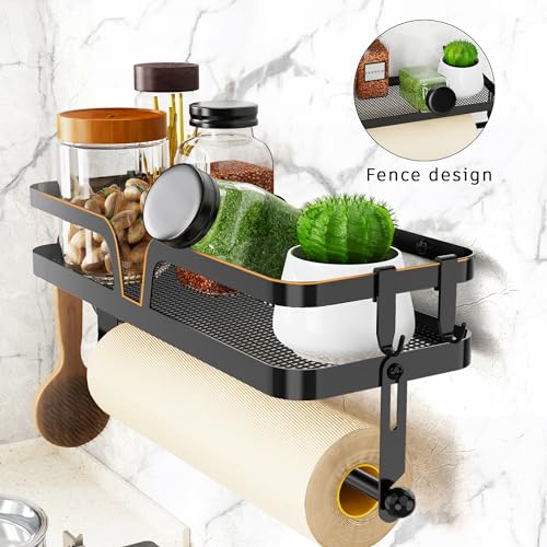 Image of Taozun Paper Towel Holder with Shelf, Kitchen Paper Holder Spice Rack Black Paper Towel Roll Holder RV Paper Towel Rack with 4 Hooks(2 Installation Methods - Self-Adhesive and Drilling)