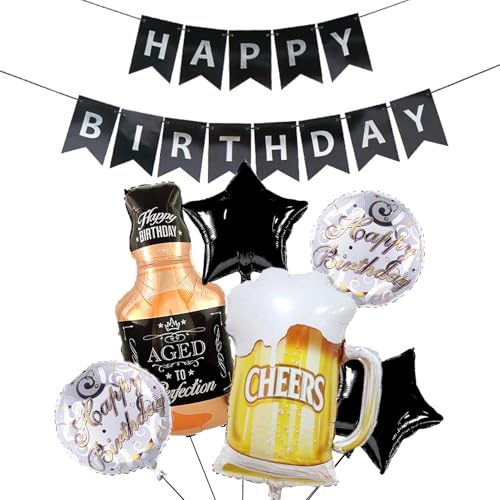 Image of Beer Cup Balloons Whiskey Bottle Beer Mug Shape Happy Birthday Bunting Banner Summer Party Decorations for Women and Men (Black and silver banner+balloons)