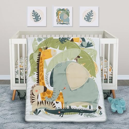 Image of Sammy & Lou Jungle Escape 4-Piece Baby Nursery Crib Bedding Set for Boys, Includes Quilt, Fitted Crib Sheet, Crib Skirt, and Plush Toy