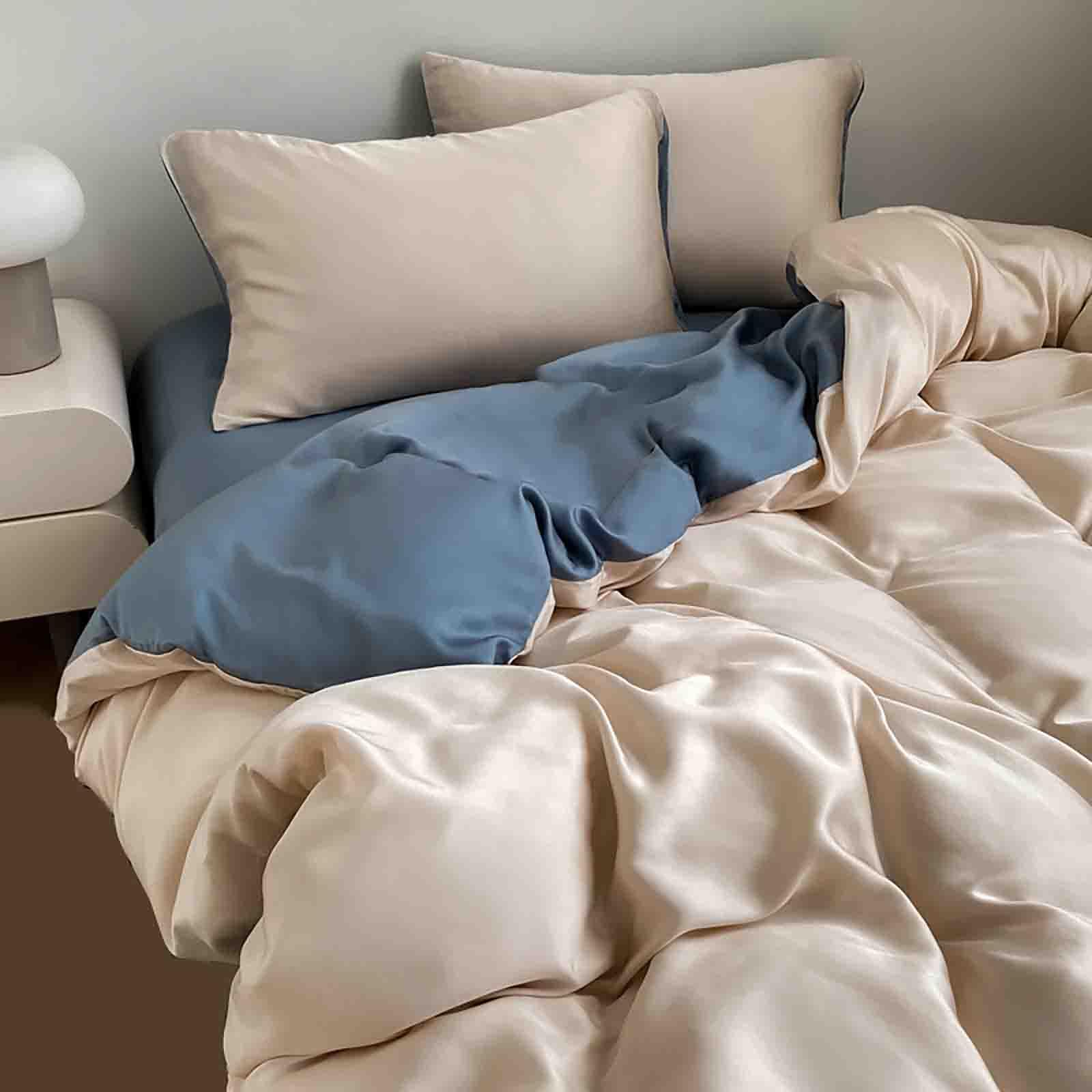 Drap plat 2 personnes bleu 150cm avec ses taies d'oreillers assorties en linge de lit d'été