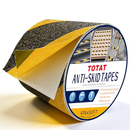 Image of Black & Yellow Anti-Slip Stair Treads Tape,4 inch x50FT Heavy Duty Non-Skid Grip Tape for Indoor /Outdoor Steps, Bathroom & Pool - PVC Waterproof Safety Traction Tape