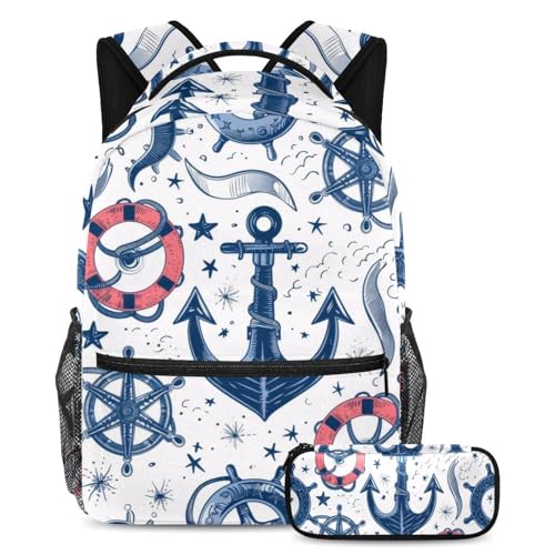 Ensemble sac à dos filles et garçons motif nautique grand volume avec trousse scolaire ados