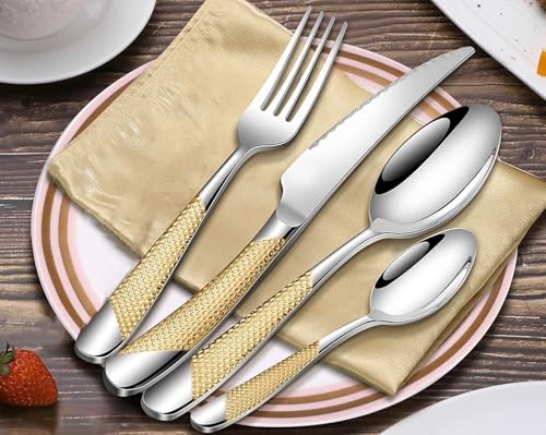 Image of Sterling Silver with Gold Handle French Style Sterling Silverware Set | 5-Piece Hammered Flatware Set | Stainless Steel Cutlery Set | Perfect for Home, Restaurant & Luxury Gifting