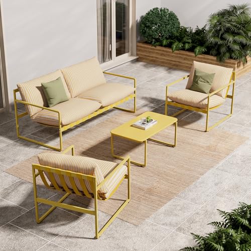 Grand patio Gartenmöbel 4er Set, Balkonmöbel Set 4 Personen mit Kissen, Lounge Möbel Outdoor mit Gartensofa, 2 Sessel, Tisch, Terassenmöbel Sitzgruppe Loungemöbel für Garten, Außen, Drinnen (Gelb)