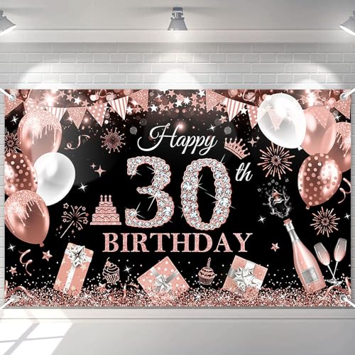 Image of Avezano Happy 30th Birthday Banner for Women Black and Rose Gold Glitter Balloon 30 Birthday Party Backdrop 30 Year Old Bday Photo Backdrop Party Supplies 70.8 x 43.3 Inch