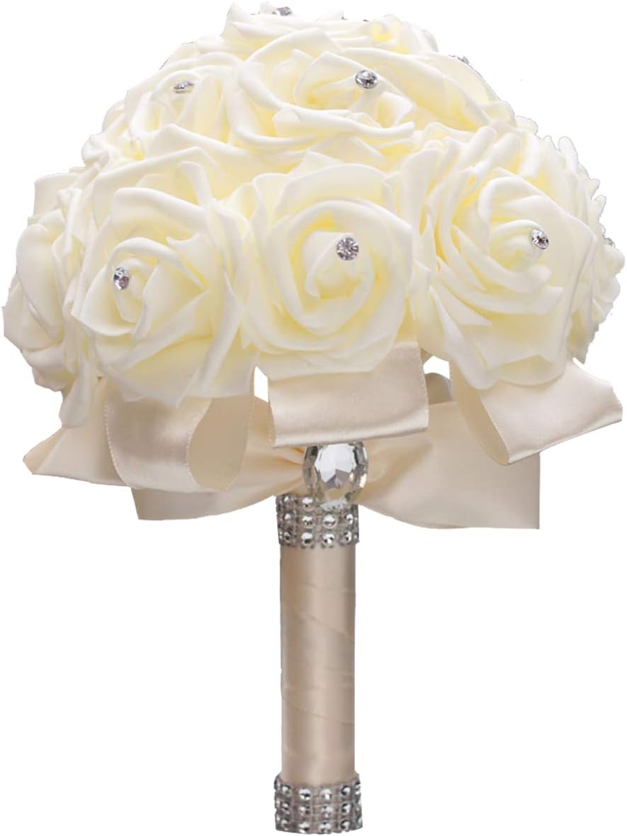 WIFELAI-A Ivory Cream Bouquet for Bride Bridesmaids with Diamond Soft Ribbons Artificial PE Rose Bridal Holding Flowers for Wedding, Party and Church(Dia:8.26inchH:10inch Ivory W2018)…