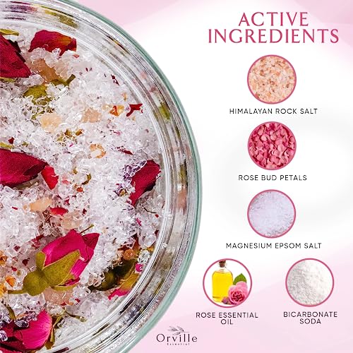 Premium Rose Epsom Salt Bath Salt W/Real Petals - Mix Of Himalayan & Magnesium Epsom Salt Bath Soak - All Natural Body Exfoliator & Bath Tub Accessories For Women & Men (Orville Essential, 300G) #TOP2