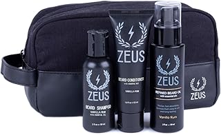 ZEUS Refined Essential Beard Care Kit with Travel Toiletry Bag - Beard Wash, Beard Conditioner, Refined Beard Oil & Travel Dopp Bag – (Vanilla Rum) Made in USA
