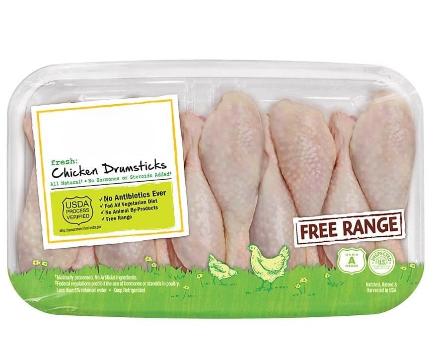 Chicken Drumsticks , contain approximately 8-10 drumsticks per tray , chickens are raised free to explore outdoors in naturally open spaces. Keep refrigerated or frozen. Thaw in refrigerator or microwave. Keep raw meat and poultry separate from other foods. Wash work surfaces (including cutting boards) utensils and hands after touching raw meat or poultry. Cook thoroughly until internal temperature reaches 180F. [ 48 oz , 3 lb ]