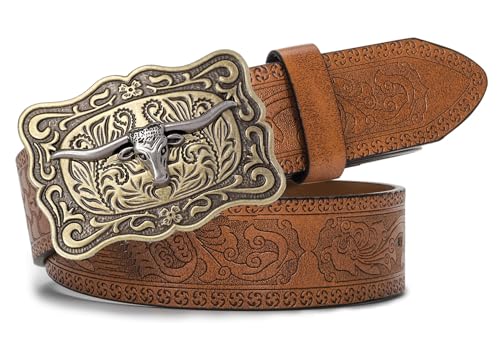 Utaly Western Cowboy Cowgirl Leather Belts - Women Men Turquoise Embossed Waist Belts With LongHorn Bull Buckles Fit 25-38”