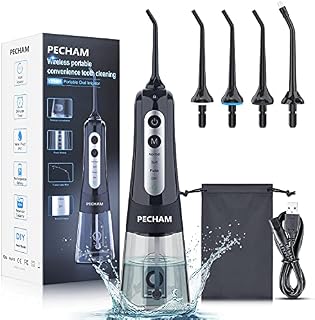 Water Flosser for Teeth, PECHAM Portable Cordless Oral Irrigator Water Dental Flosser IPX7 Waterproof 300ML 3 Modes 4 Jet Tips Deep Clean Helps Whiten Teeth, USB Rechargeable for Travel