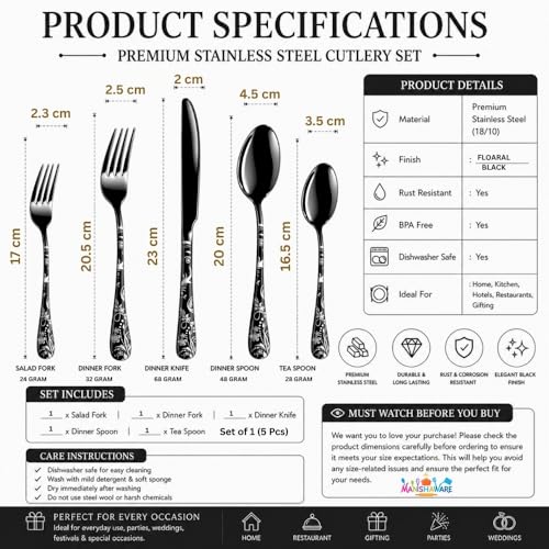 Image of Floral Black 5 Pcs Stainless Steel Cutlery Set for Dining Table, Dishwasher Safe Glossy Flatware (1 Spoon Set+1 Forks Set+1 Butter Knife+1 Dessert Spoon+ 1 FruitFork)