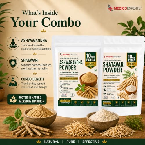Image of Ashwagandha Shatavari Powder Combo (110g x 2 Pouches) - 110g Each | Big, Thick, Mature Root Churna | Pure & Natural Ayurvedic Herbs | FSSAI Licensed, Lab Tested
